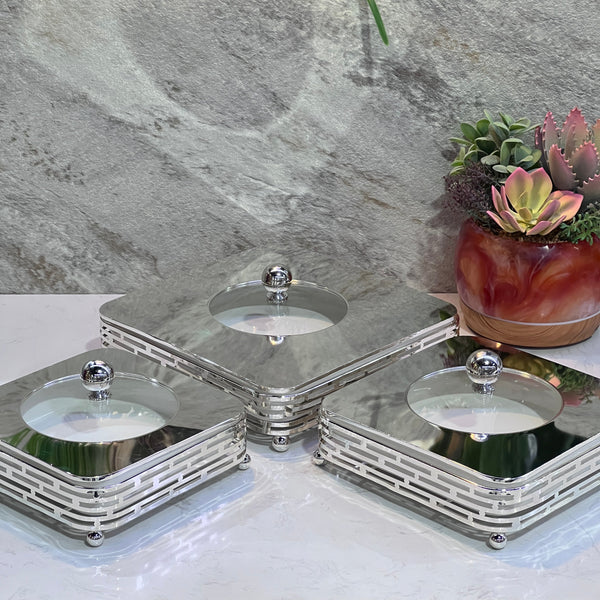Square Sweet Bowl 1KG & 2KG & 3 KG Silver Lines - Premium Sweet bowls from Alam Al Awane - Just AED89! Shop now at alamalawane